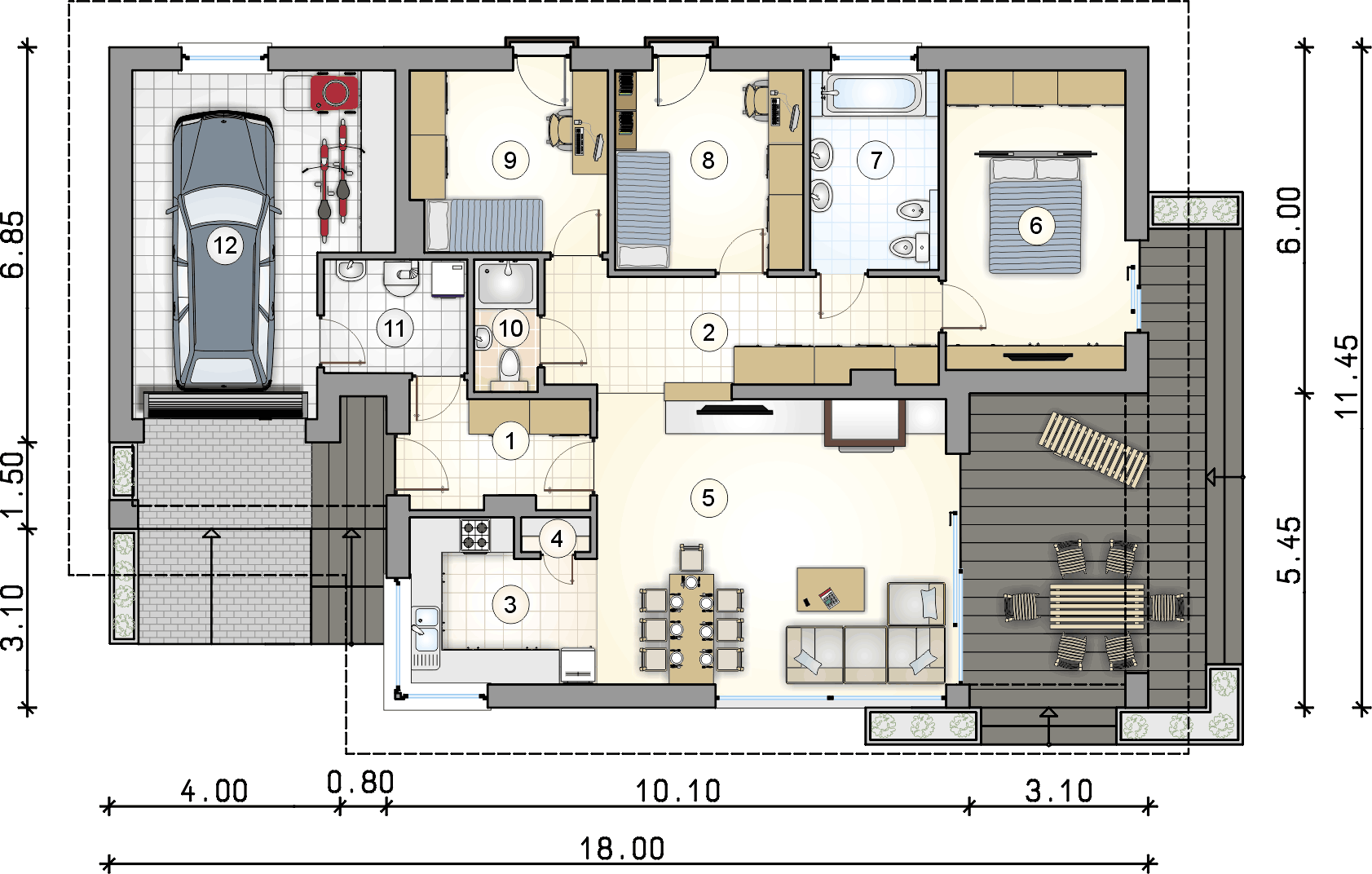 Rzut parteru - projekt Kos XIII - wersja lustrzana