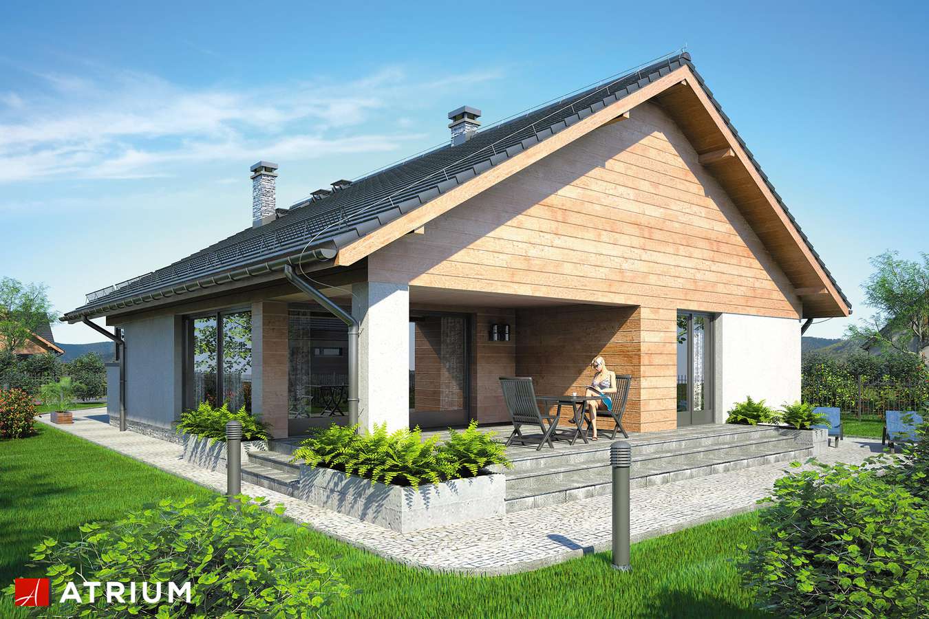 Projekty domów - Projekt domu parterowego PELIKAN IX - wizualizacja 2 - wersja lustrzana